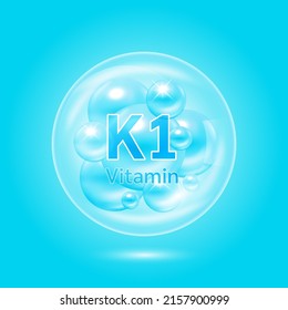 Vitamin K1 complex inside translucent air bubbles. Hyaluronic acid skin collagen serum. Beauty treatment nutrition skin care design. Medical scientific concepts. Isolated on blue background. Vector.