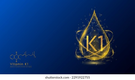 Vitamin K1 drop orange low poly and structure chemical formula. Medicine science innovative. Multivitamins complex collagen supplement skincare anti aging. Cosmetics nutrition banner design. Vector.