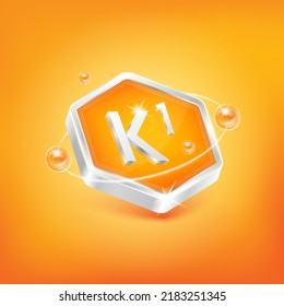 Vitamin K1 in hexagon shape and orange atom. Used for nutrition products food. Medical scientific concepts. Isolated 3D Vector EPS10 illustration.