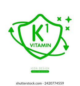 Icono de vitamina K1 verde en el escudo rodeado de flechas Aislado sobre un fondo blanco. El símbolo médico construye el concepto de protección e inmunidad. Diseño para uso de medios impresos desde línea simple. Vector.