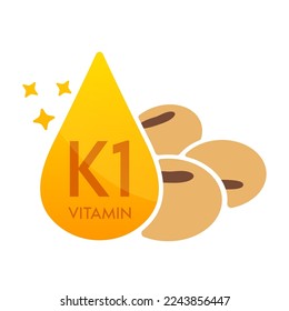 Vitamin K1 icon with soy cereal orange. Form drop serum simple line isolated on a white background. Design for use in web, app and print media. Medical food supplement symbol concept. Vector EPS10.