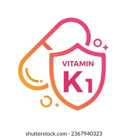 Vitamina K1 Icono Escudo de la píldora Protección con logotipo, ilustración del vector de salud de medicamentos
