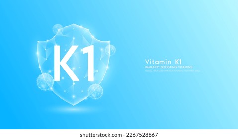 Protector de vitamina K1 azul translúcido poligonal. Vitaminas de refuerzo inmunológico. La innovación médica protege su cuerpo sano. Escuche la protección futurista moderna del triángulo de popa bajo. Vector de pancarta.