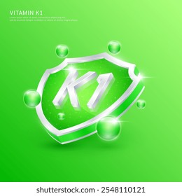 Vitamina K1 en forma de escudo de plata y átomo verde. Proteja el cuerpo y manténgase saludable. Utilizado para los productos alimenticios de la nutrición. Conceptos científicos médicos. Vector 3D aislado EPS10 ilustración.