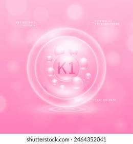 Vitamin K1 solution pink and chemical structure. Fat-soluble vitamins. Collagen serum hyaluronic acid moisturizer with antioxidants for brighter skin. Cosmetic beauty nutrition. Vector.