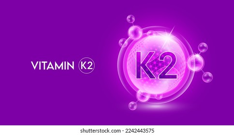 Vitamin K2 and bubble atom molecule collagen serum chemical formula shield protection skin. Skincare anti age nutrition supplement multivitamin complex. On purple background. 3D vector.