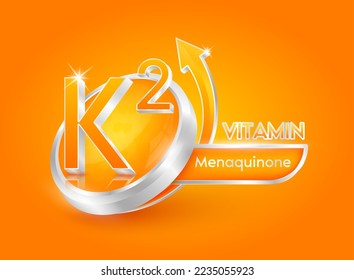 Vitamin K2 in circle shape orange with arrow. Used for designing dietary supplements or beauty products. Medical concepts. Isolated 3d icon. Vector EPS10 illustration.