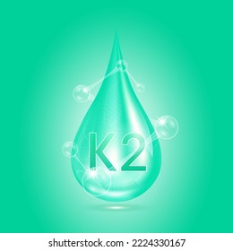 Vitamin K2 collagen serum water drop isolated on dark background. Solution complex green with molecule oxygen bubbles surround. Beauty skincare cosmetics. Medical concepts. 3D Realistic Vector.