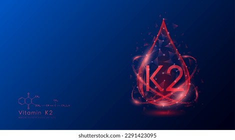 Vitamin K2 drop red low poly and structure chemical formula. Medicine science innovative. Multivitamins complex collagen supplement skincare anti aging. Cosmetics nutrition banner design. Vector.