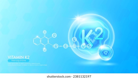 Vitamin K2 essenzielle Ergänzung zum Gesundheitszustand. Blauer Vitaminkomplex und chemische Formelstruktur. Mineralien Kollagenserum. Schönheitsnährstoff Hautpflegedesign oder Kosmetik. Vektorgrafik.