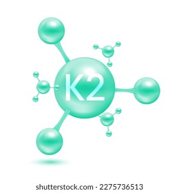 Vitamin K2 in the form of atoms molecules green glossy. Icon 3D isolated on white background. Minerals vitamins complex. Medical and science concept. Vector EPS10 illustration.