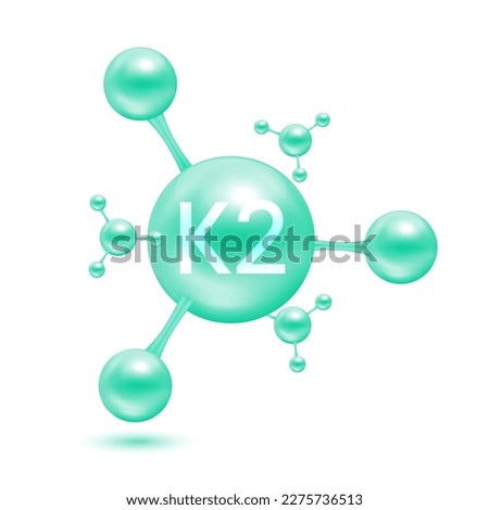 Vitamin K2 in the form of atoms molecules green glossy. Icon 3D isolated on white background. Minerals vitamins complex. Medical and science concept. Vector EPS10 illustration.