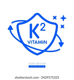 Icono de vitamina K2 azul en escudo rodeado de flechas Aislado sobre un fondo blanco. Símbolo médico construir concepto de protección e inmunidad. Diseño para uso en medios de impresión de línea simple. Vector.