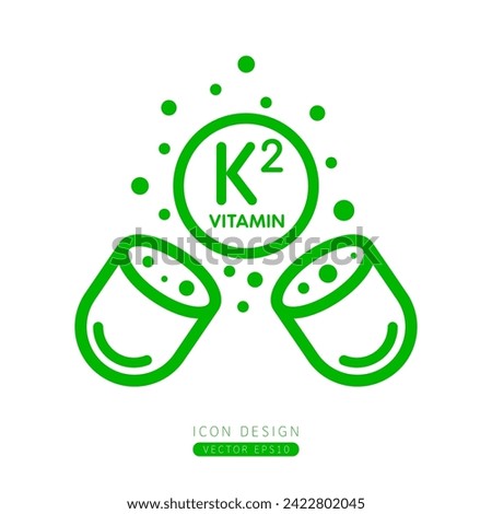 Vitamin K2 icon green floating out of capsule Isolated on a white background. Form simple line. Design for use on web app mobile and print media. Vector.