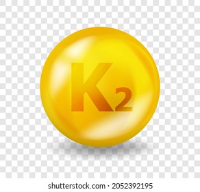 Vitamin K2 Menaquinone. Vitamin complex illustration concept. K2 Menaquinone pill capsule. 3D Yellow drug nutrition design.