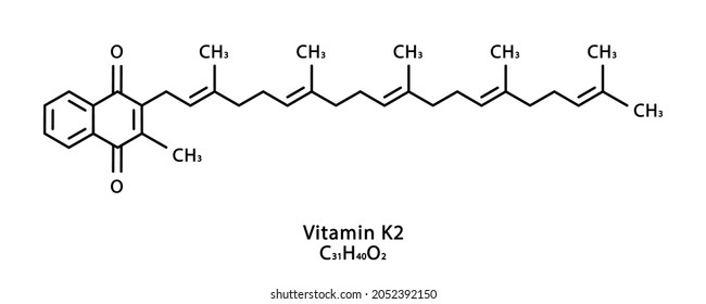 Vitamin K2 Menaquinone molecular structure. Vitamin K2 Menaquinone skeletal chemical formula. Chemical molecular formulas