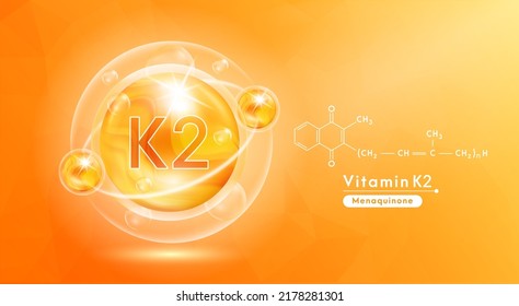 Vitamin K2 orange and structure. Pill vitamins complex and bubble collagen serum chemical formula. Beauty treatment nutrition skin care design. Medical and scientific concepts. 3D Vector EPS10.