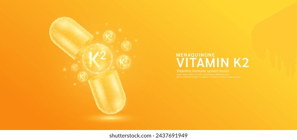 La cápsula de la píldora de la vitamina K2 abierta con la bola de burbuja naranja flotan hacia fuera en el polígono del estilo. El colágeno y los minerales complementan la atención sanitaria esencial. Concepto médico y farmacéutico. Vector de pancarta.