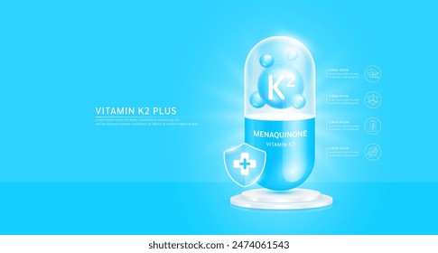 Vitamin K2 plus blue capsule with cross shield on podium. Antibiotic collagen and minerals essential health care. Banner for ads dietary supplements and beauty. Medical pharmacy concept. Vector.