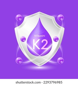 Vitamin K2 purple drop inside aluminum silver shield with atom surround. Minerals and vitamins complex protect the body stay healthy. For nutrition products food. Vector EPS10 illustration.