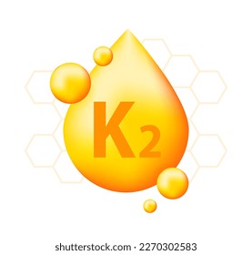 Vitamin K2 with realistic drop. Particles of vitamins in the middle