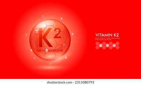 Vitamin K2 red solution or Menaquinone. Innovation repair maintain bright skin care anti aging. Vitamins complex and collagen serum. For medical beauty treatment nutrition cosmetic design. Vector.