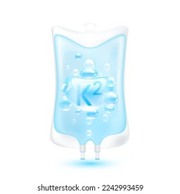 Vitamin K2 serum bubbles collagen blue inside plastic saline bag. IV drip vitamins minerals beauty skincare intravenous. Medical concept. Isolated realistic on white background 3D vector.