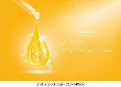 Vitamina K2 gel líquido sérico en cuentagotas y estructura. Complejo de colágeno de crema con fórmula química a partir de vitaminas naturales de cuidado de la piel. Sobre el fondo naranja 3D vector realista. Concepto científico médico.