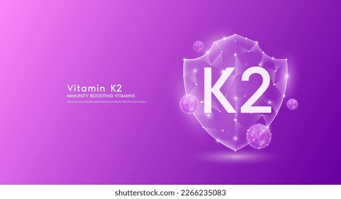 Vitamin K2 shield polygonal translucent purple. Immunity boosting vitamins. Medical innovation protect your body healthy. Shield low poly triangle modern futuristic protection. Banner vector.