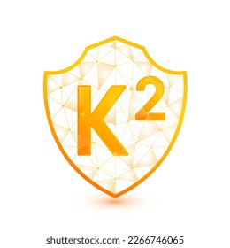 Vitamin K2 shield polygonal translucent orange. Low poly triangle modern futuristic protection. Boost your immunity. Vector isolated on white background. Medical health immune innovation concept.