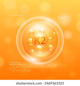 Vitamin K2 solution orange and chemical structure of Menaquinone. Fat soluble vitamins. Collagen serum with antioxidants for brighter skin. Cosmetic beauty nutrition. Vector.