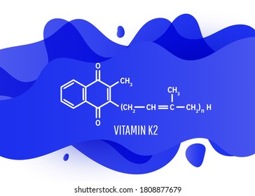 Vitamin K2 structural chemical formula with blue liquid fluid gradient shape with copy space on white background