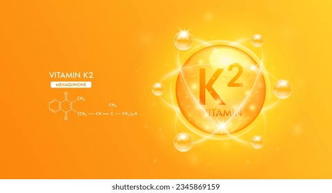 Vitamin K2 with structure chemical formula. Bubble collagen serum orange and Vitamins complex for cosmetics design. Medical concepts. Beauty treatment nutrition skincare. 3D Vector.