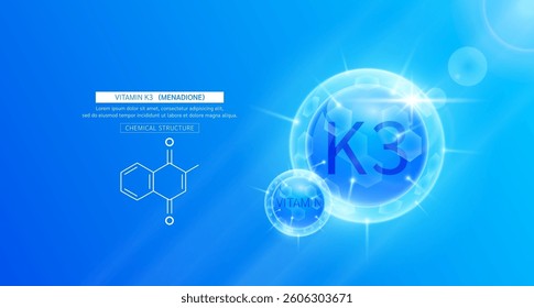 Vitamin K3 blue or Menadione and chemical structure. Vitamins complex serum. For design skin care products beauty treatment. Medical scientific concepts. Vector EPS10.