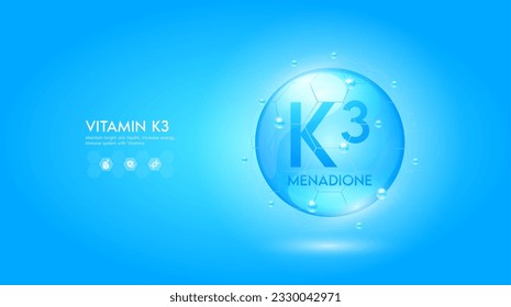 Vitamin K3 blue solution or Menadione. Innovation repair maintain bright skin care anti aging. Vitamins complex and collagen serum. For medical beauty treatment nutrition cosmetic design. Vector.
