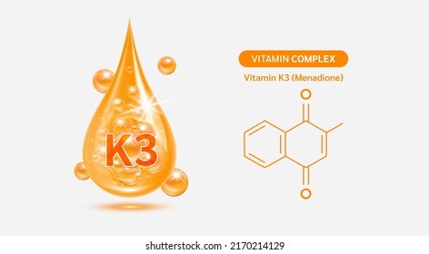 Vitamin K3 drop and structure isolated on white background. Vitamin solution complex orange balls with bubbles. Beauty treatment nutrition skin care design. Medical scientific concepts. 3D vector.