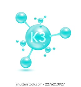 Vitamin K3 in the form of atoms molecules blue glossy. Icon 3D isolated on white background. Minerals vitamins complex. Medical and science concept. Vector EPS10 illustration.