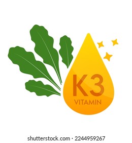Vitamin K3 icon with spinach vegetable green. Form drop serum simple line isolated on a white background. Design for use in web, app and print media. Medical food supplement symbol concept. Vector.