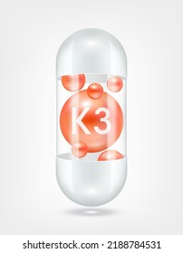 Vitamin K3 orange inside capsule pill transparent white. Health care beauty enhancement neutralize free radicals. Used for nutrition products food template design. 3D Realistic Vector EPS10.