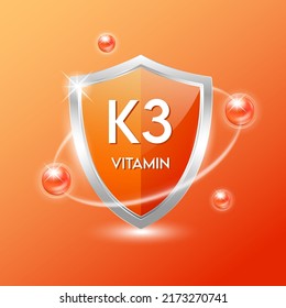 Vitamin K3 shield with orange atom. Protect the body stay healthy. For nutrition products food. Medical scientific concepts. Vector illustration.