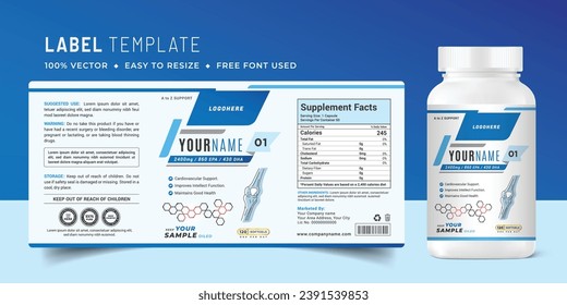 Vitamin label sticker design and food supplement banner packaging health product.