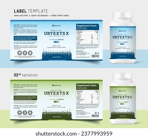 Vitamin label sticker design and natural food supplement banner packaging, bottle jar label, medicine health nutrition tablet product box print template.