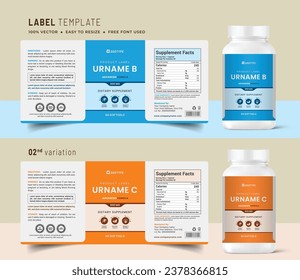 Vitamin label sticker design and natural food supplement banner packaging, bottle jar label, health nutrition tablet product box print graphic.
