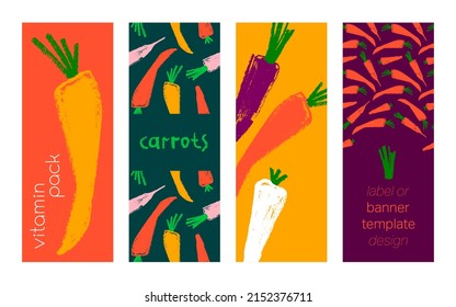 Vitamin A label with vector carrot pattern seamless. Textured hand-drawn carrots background. Healthy eating concept. Vegetable drawing for vitamin banner, natural juice packaging. Beta carotene.