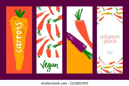 Vitamin A label with vector carrot pattern seamless. Textured hand-drawn carrots background. Healthy eating concept. Vegetable drawing for vitamin banner, natural juice packaging. Beta carotene.