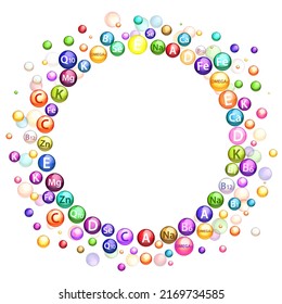 Vitamin letter round frame border realistic template. 3d vector illustration with copy space on white background. Medicine, healthcare and preventive therapy concept