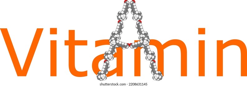 Logotipo de vitamina A en la forma de la letra A; Estructura molecular de la vitamina A; Ilustración de vitamina con estructura química