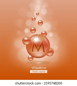 Vitamin M brauner Ball fällt auf den Boden-Serumvitaminkomplex. Schönheitsbehandlung Ernährung Hautpflege Design. Medizinische und wissenschaftliche Konzepte. 3D-Realistischer Vektorgrafik EPS10.