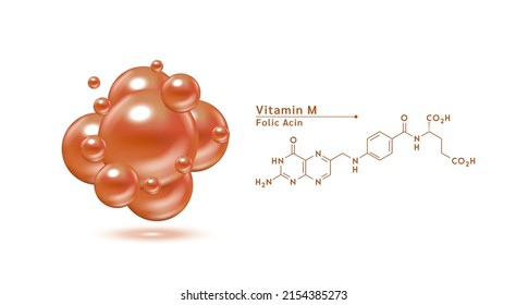 Vitamin M brown structural chemical formula. Hyaluronic acid skin collagen serum. Vitamin complex isolated on white background. Medical scientific concepts. 3D vector illustration.