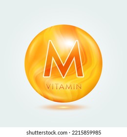 Vitamin M capsule orange golden. Beauty nutrition skincare. Vitamins complex isolated on gray background. For product design. Medical and scientific concepts. Icon 3D Vector EPS10.
